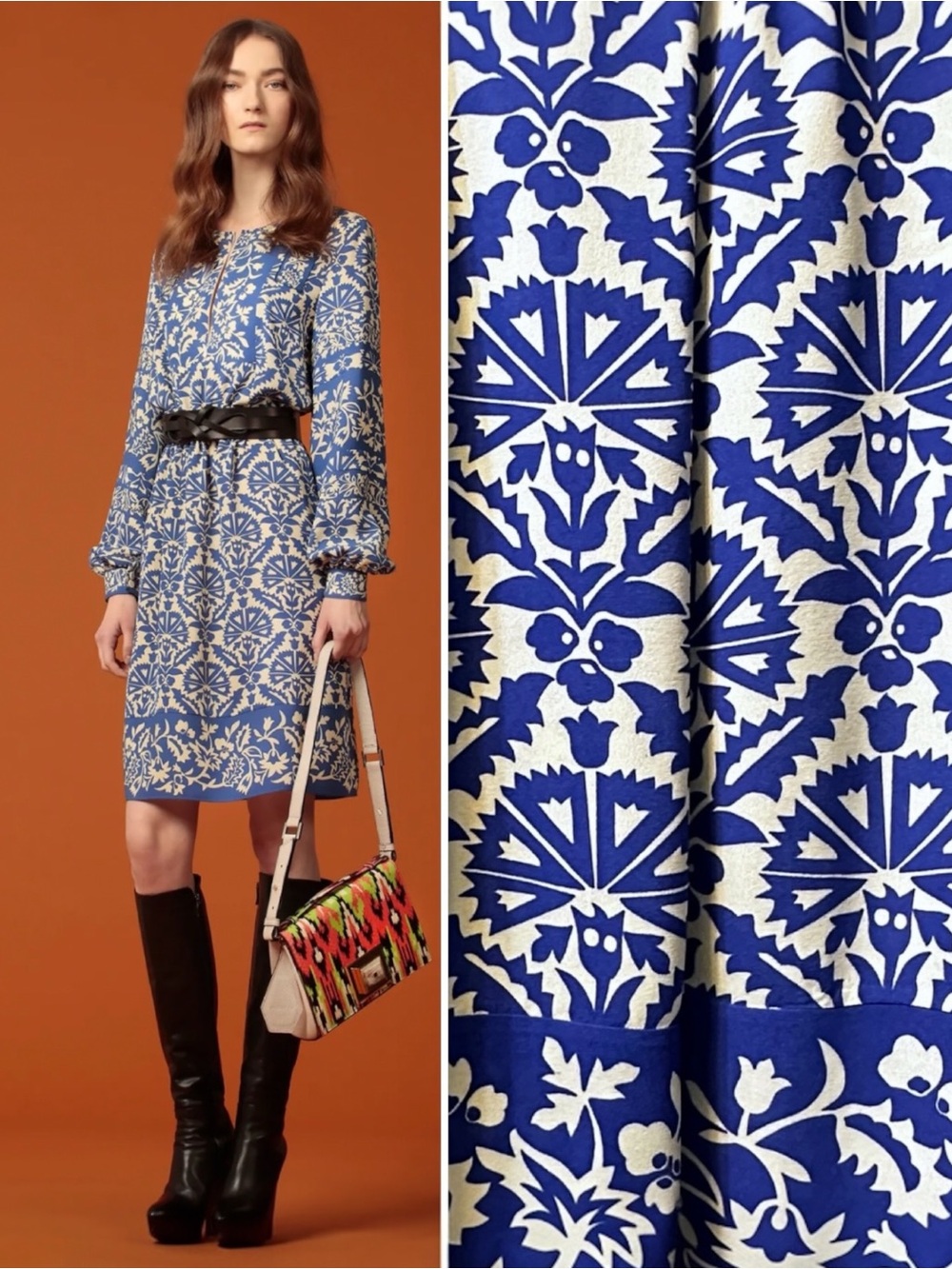 Andrew Gn Runway Blue Taupe Floral Print Silky Long-Sleeve Dress 42 6 S M